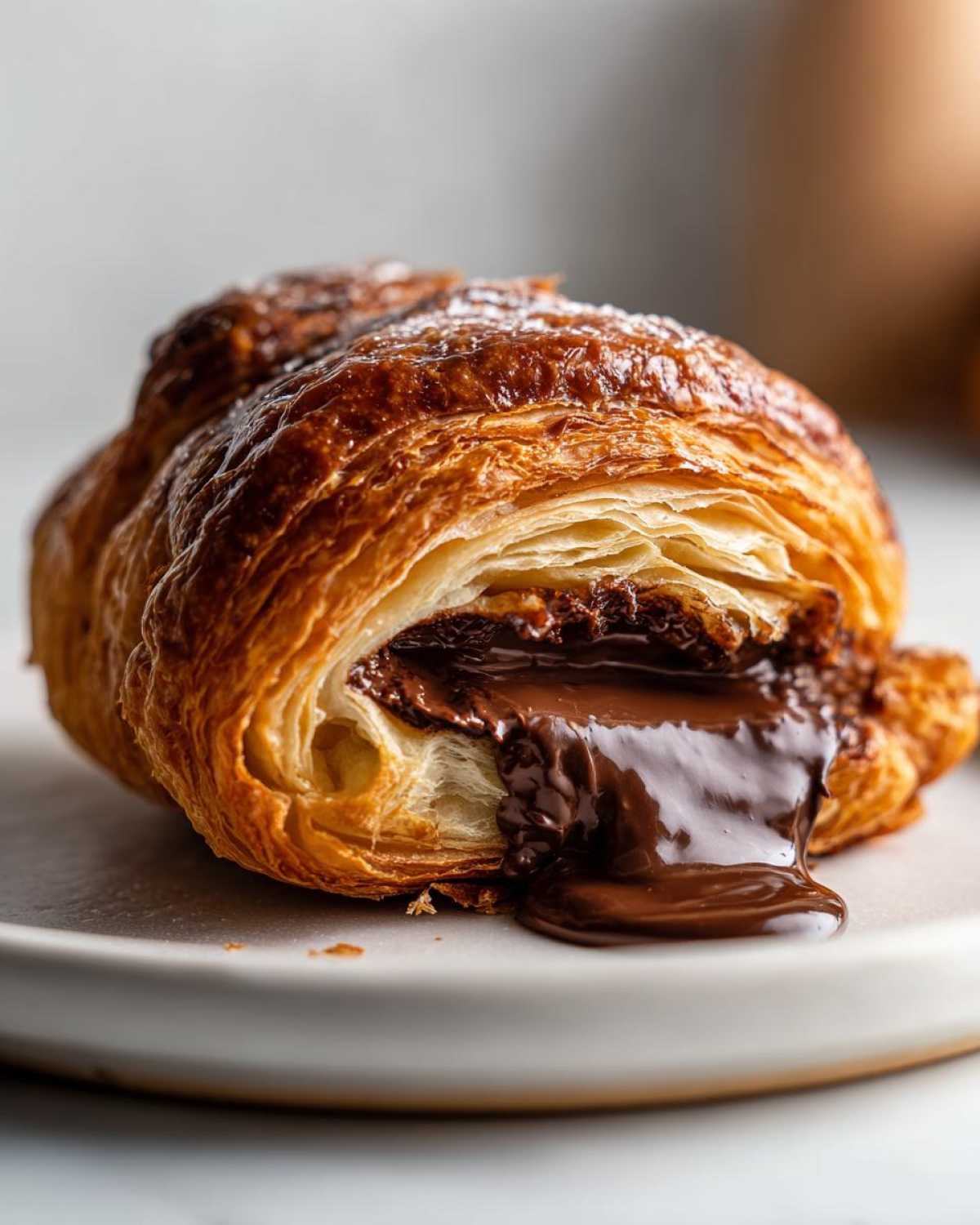 Close-up of a flaky, golden-brown chocolate croissant with rich, melted chocolate oozing out.
