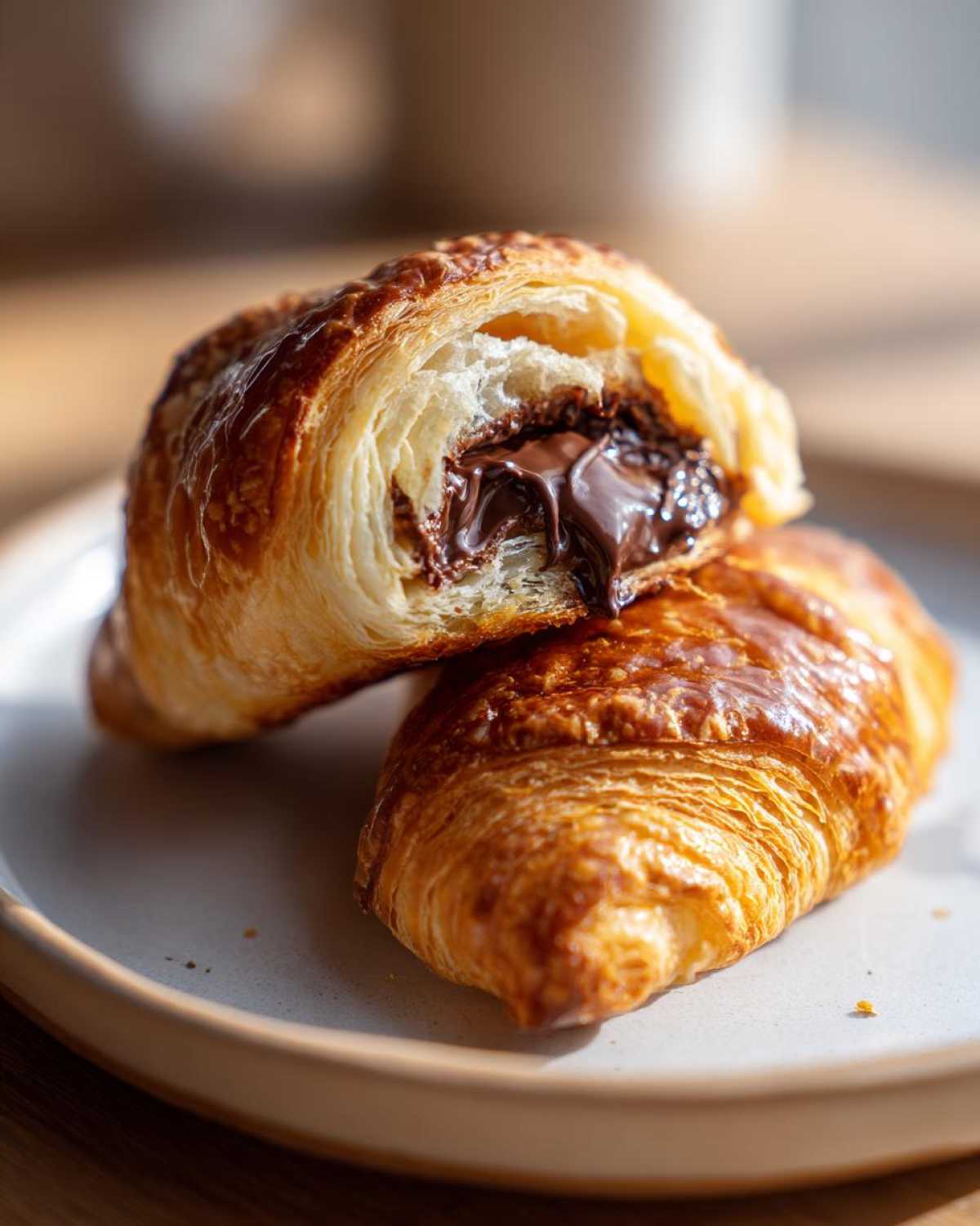 Close-up of an easy chocolate croissant cut in half showing gooey melted chocolate filling.