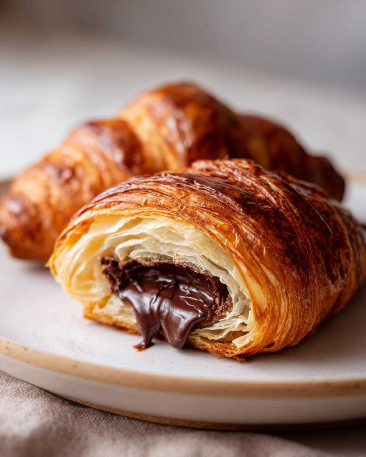 Close-up of an easy chocolate croissant cut open to show melted, gooey chocolate filling oozing out.