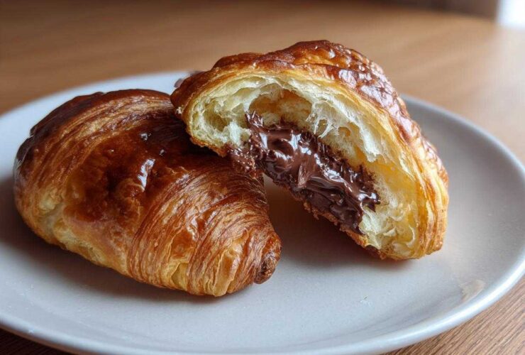 A flaky, golden brown chocolate croissant cut in half revealing a gooey, melted chocolate filling.