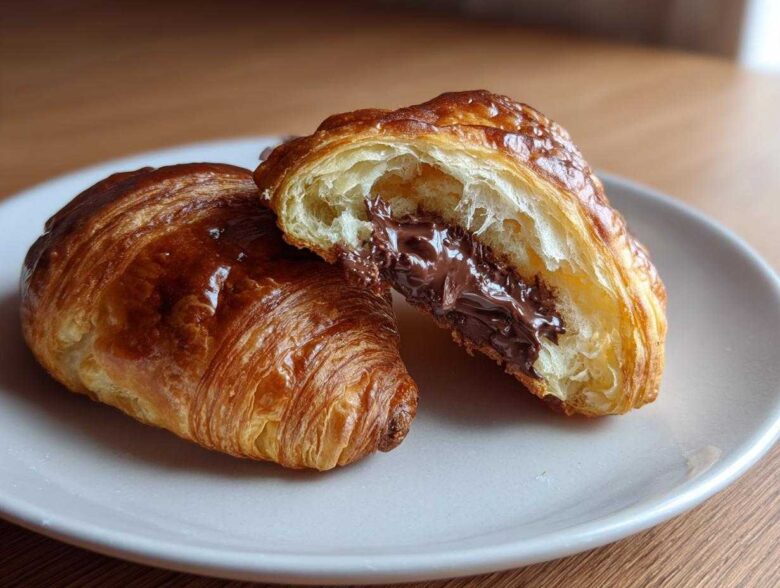 A flaky, golden brown chocolate croissant cut in half revealing a gooey, melted chocolate filling.