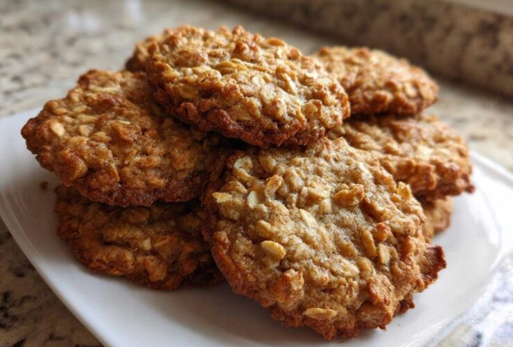 A close-up stack of golden brown banana oatmeal cookies piled on a white plate.