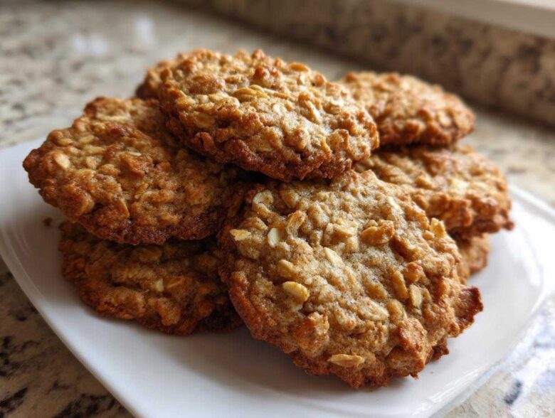 A close-up stack of golden brown banana oatmeal cookies piled on a white plate.