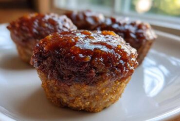 A close-up of a perfectly baked mini meatloaf topped with a shiny, dark orange glaze, resting on a white plate.