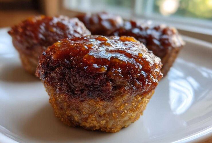A close-up of a perfectly baked mini meatloaf topped with a shiny, dark orange glaze, resting on a white plate.