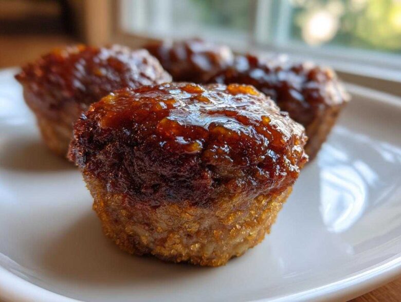 A close-up of a perfectly baked mini meatloaf topped with a shiny, dark orange glaze, resting on a white plate.