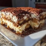 A generous slice of homemade tiramisu recipe, layered with cream and dusted heavily with cocoa powder.