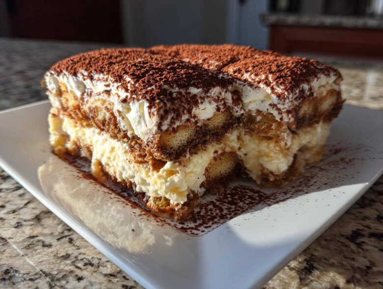 A generous slice of homemade tiramisu recipe, layered with cream and dusted heavily with cocoa powder.
