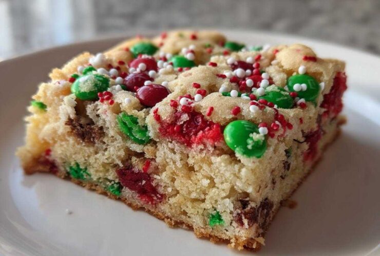 A thick, moist slice of christmas cookie bars topped with red and green M&Ms and festive sprinkles on a white plate.