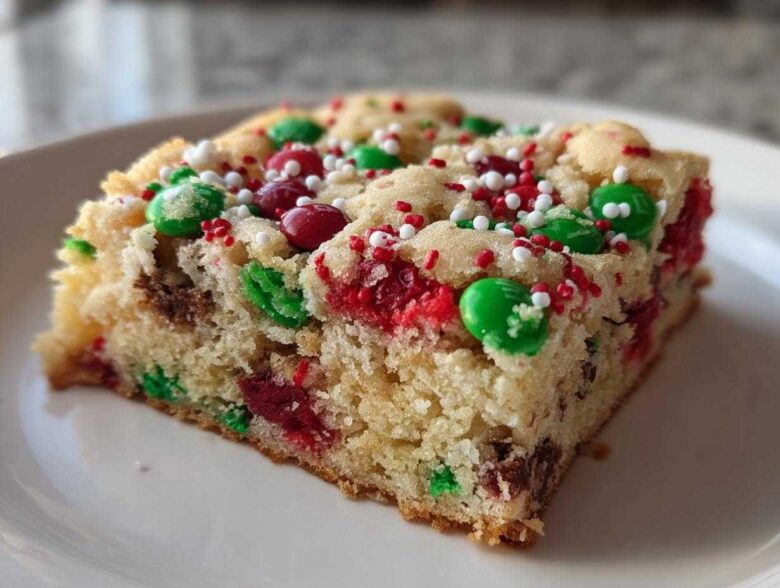 A thick, moist slice of christmas cookie bars topped with red and green M&Ms and festive sprinkles on a white plate.