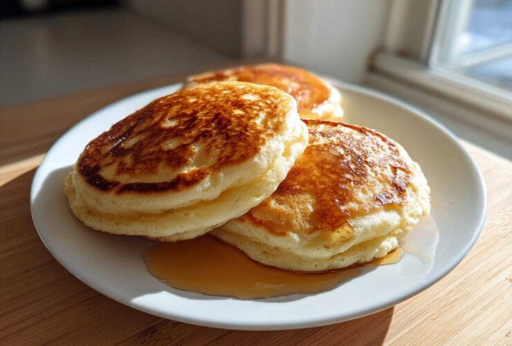 Three fluffy almond flour pancakes stacked on a white plate drizzled with maple syrup.
