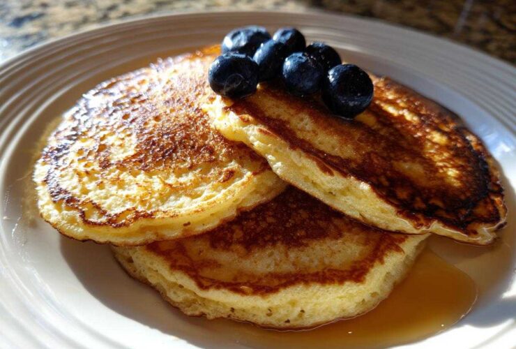 A stack of three fluffy coconut flour pancakes drizzled with syrup and topped with fresh blueberries.