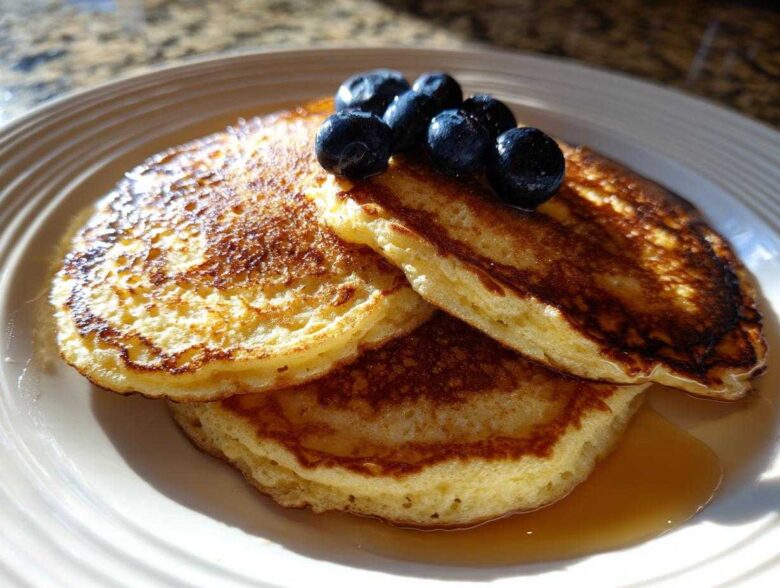 A stack of three fluffy coconut flour pancakes drizzled with syrup and topped with fresh blueberries.