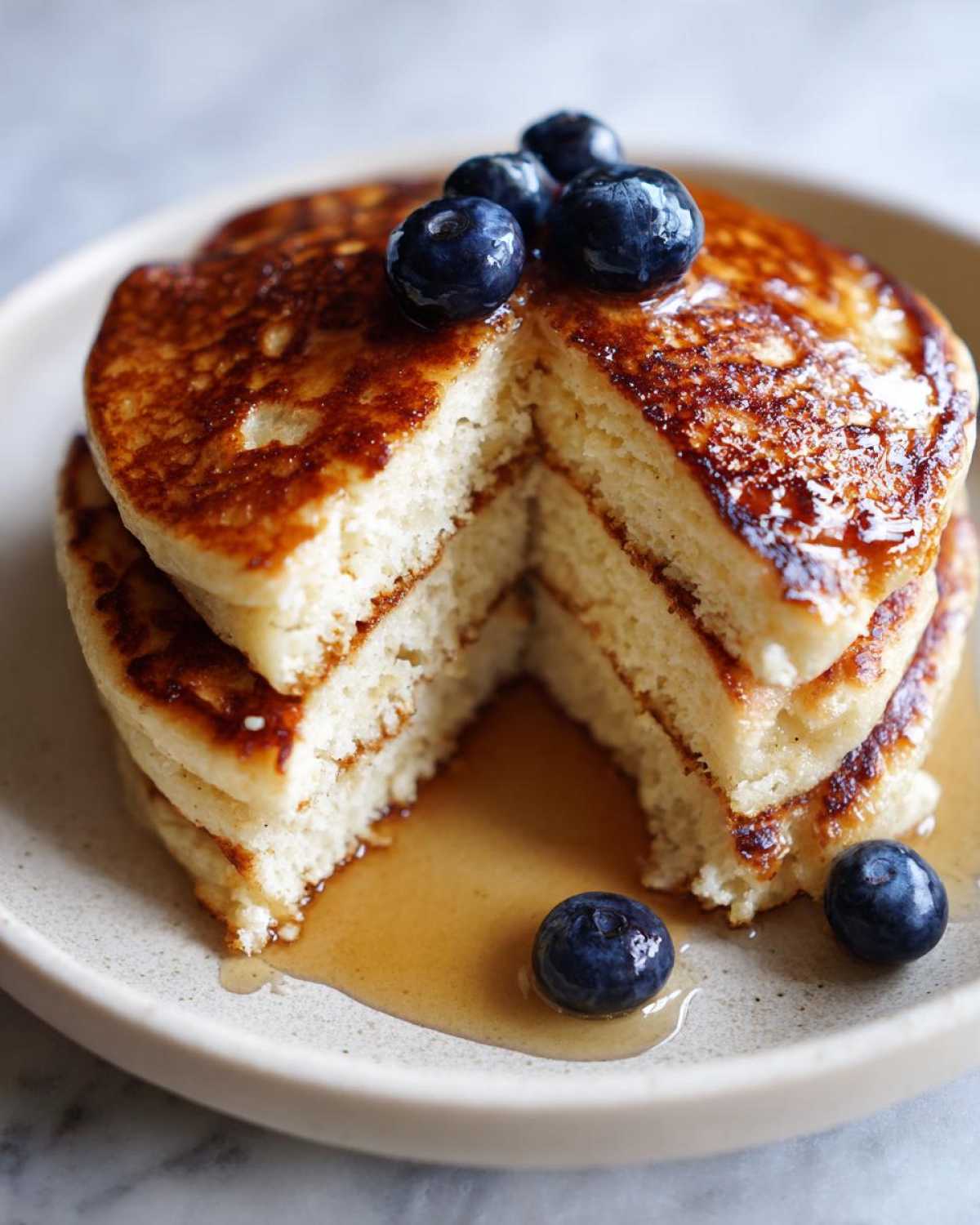 Close-up of a stack of fluffy coconut flour pancakes, cut open to show texture, topped with blueberries and drizzled with syrup.
