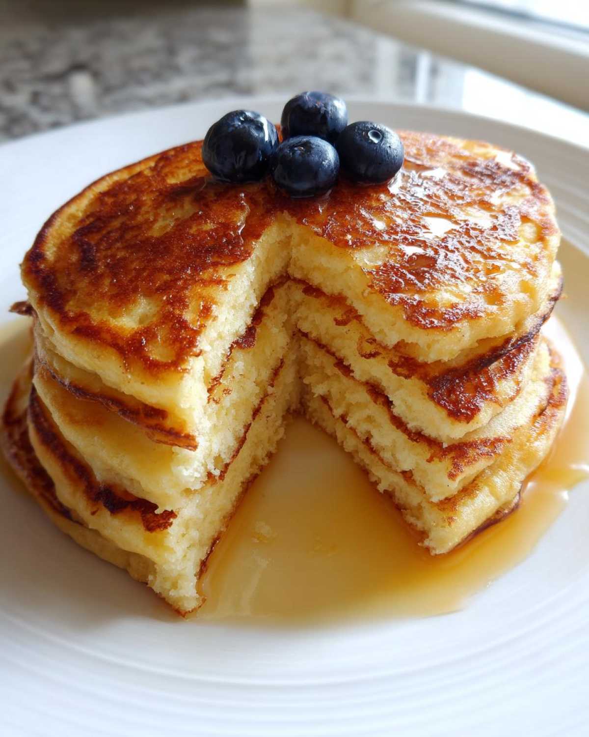 A tall stack of fluffy coconut flour pancakes with a slice removed, topped with blueberries and syrup.