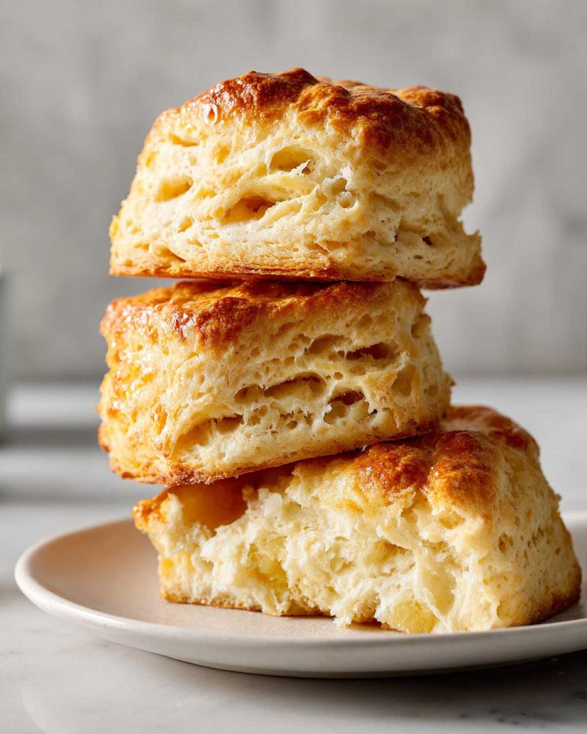 A stack of three incredibly fluffy, golden brown scones showing their layered interior texture.
