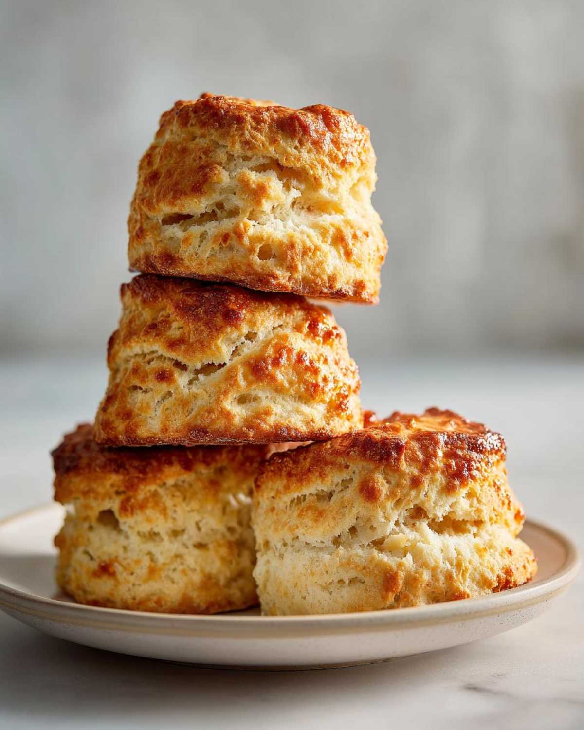 A stack of four perfectly golden brown, fluffy scones resting on a small ceramic plate.