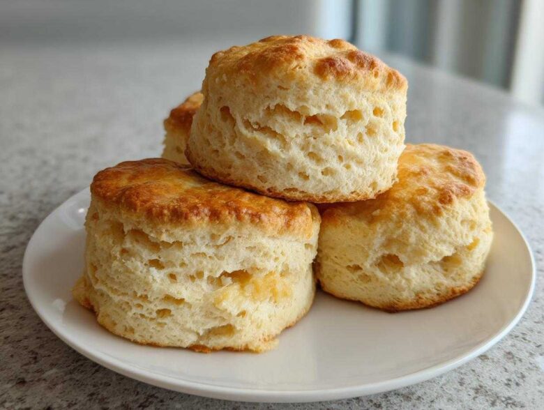 A stack of four tall, fluffy, golden brown scones resting on a white plate.
