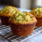 Close-up of three freshly baked fluffy pistachio muffins cooling on a silver wire rack, topped with chopped nuts.