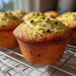 Close-up of freshly baked pistachio muffins with chopped nuts on top, cooling on a wire rack.