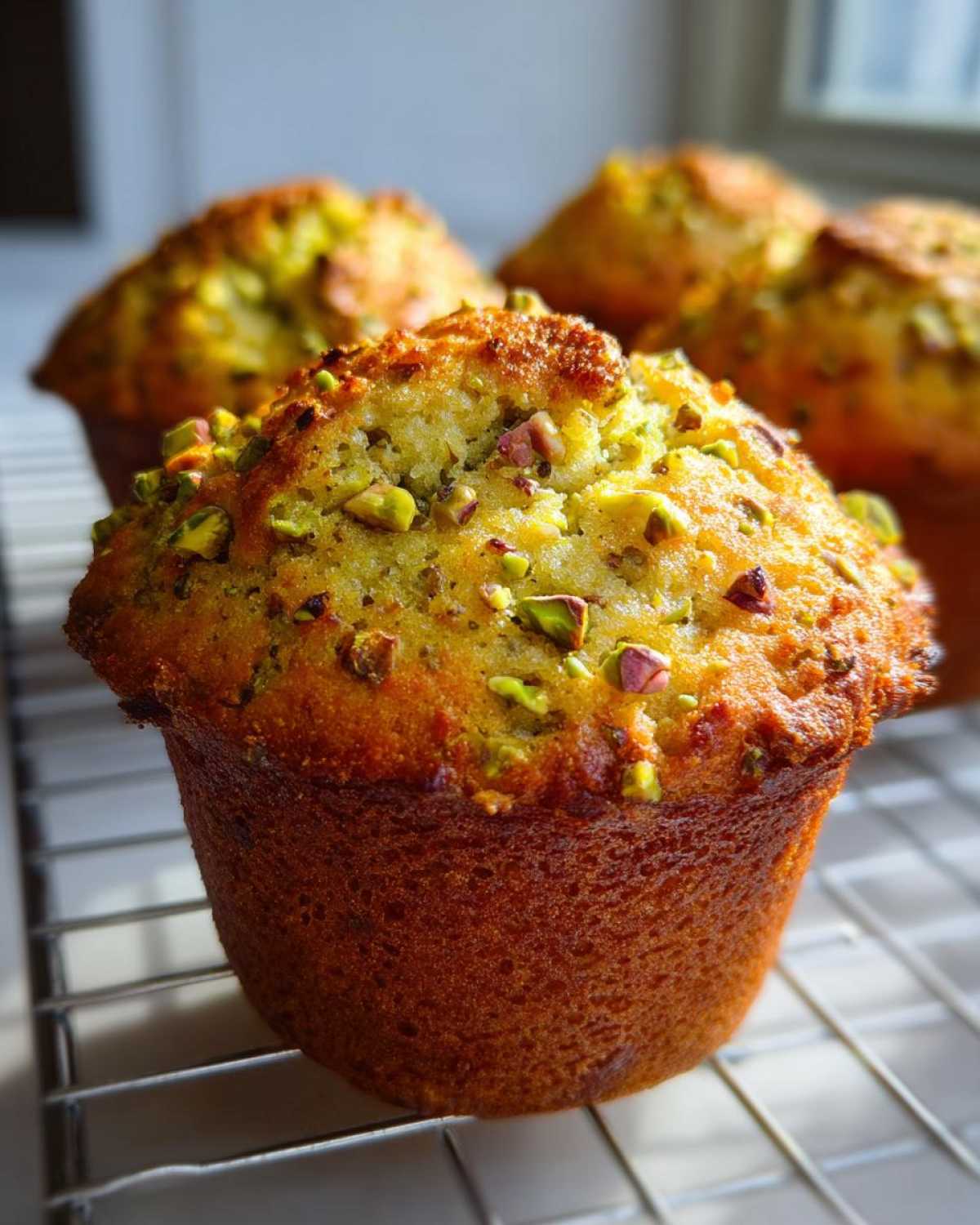 Close-up of a golden brown pistachio muffin topped with chopped pistachios, cooling on a wire rack.