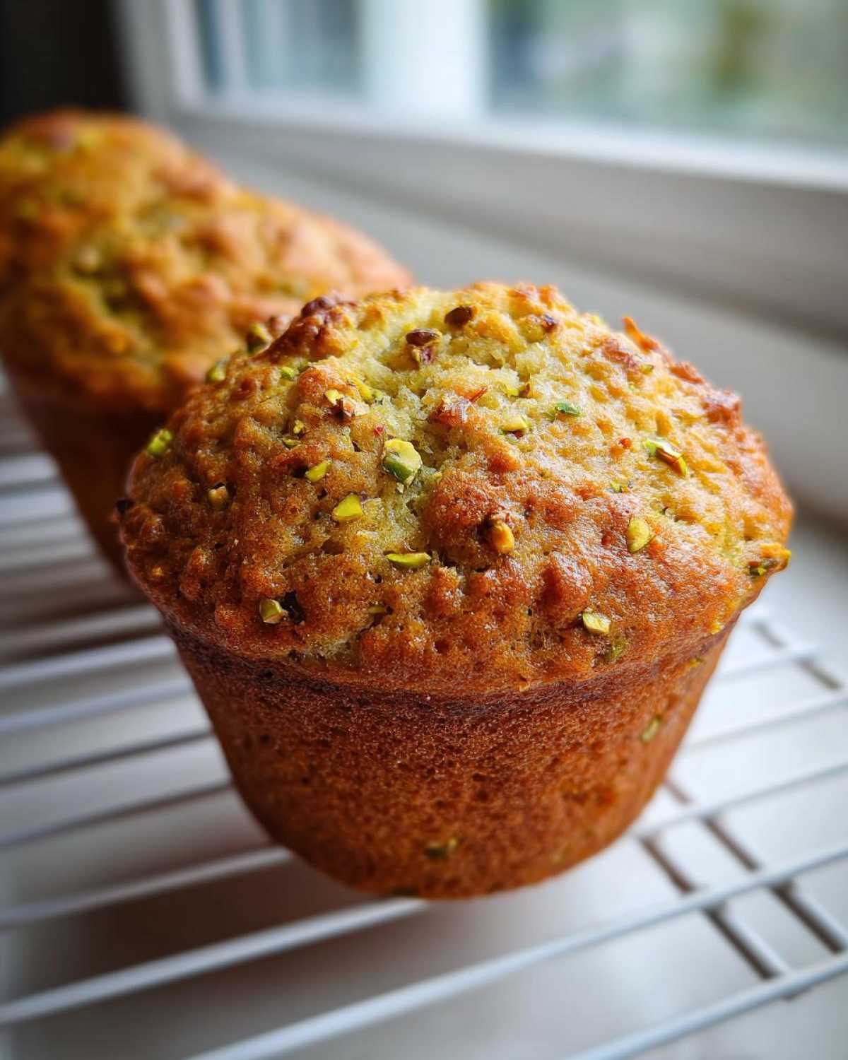 Close-up of a freshly baked, fluffy pistachio muffin topped with chopped pistachios, cooling on a white wire rack.