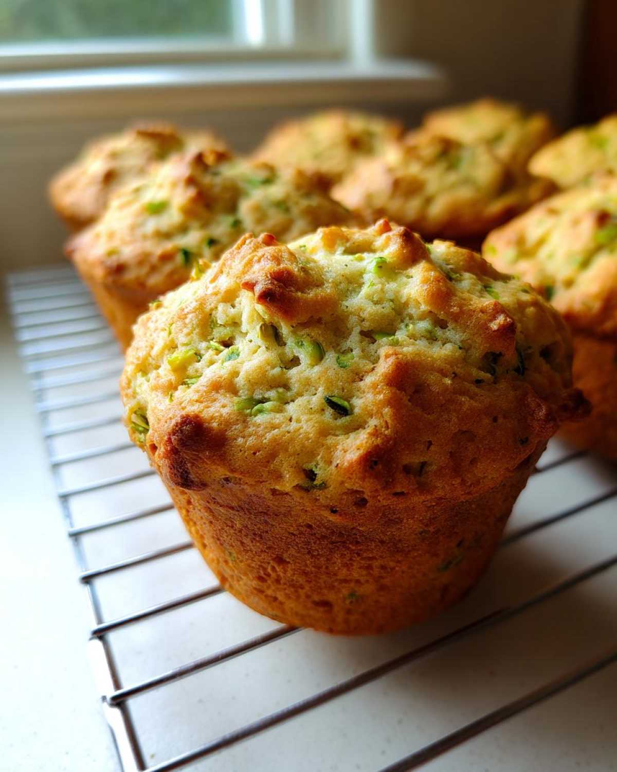 Close-up of a golden-brown, fluffy pistachio muffins cooling on a wire rack near a window.