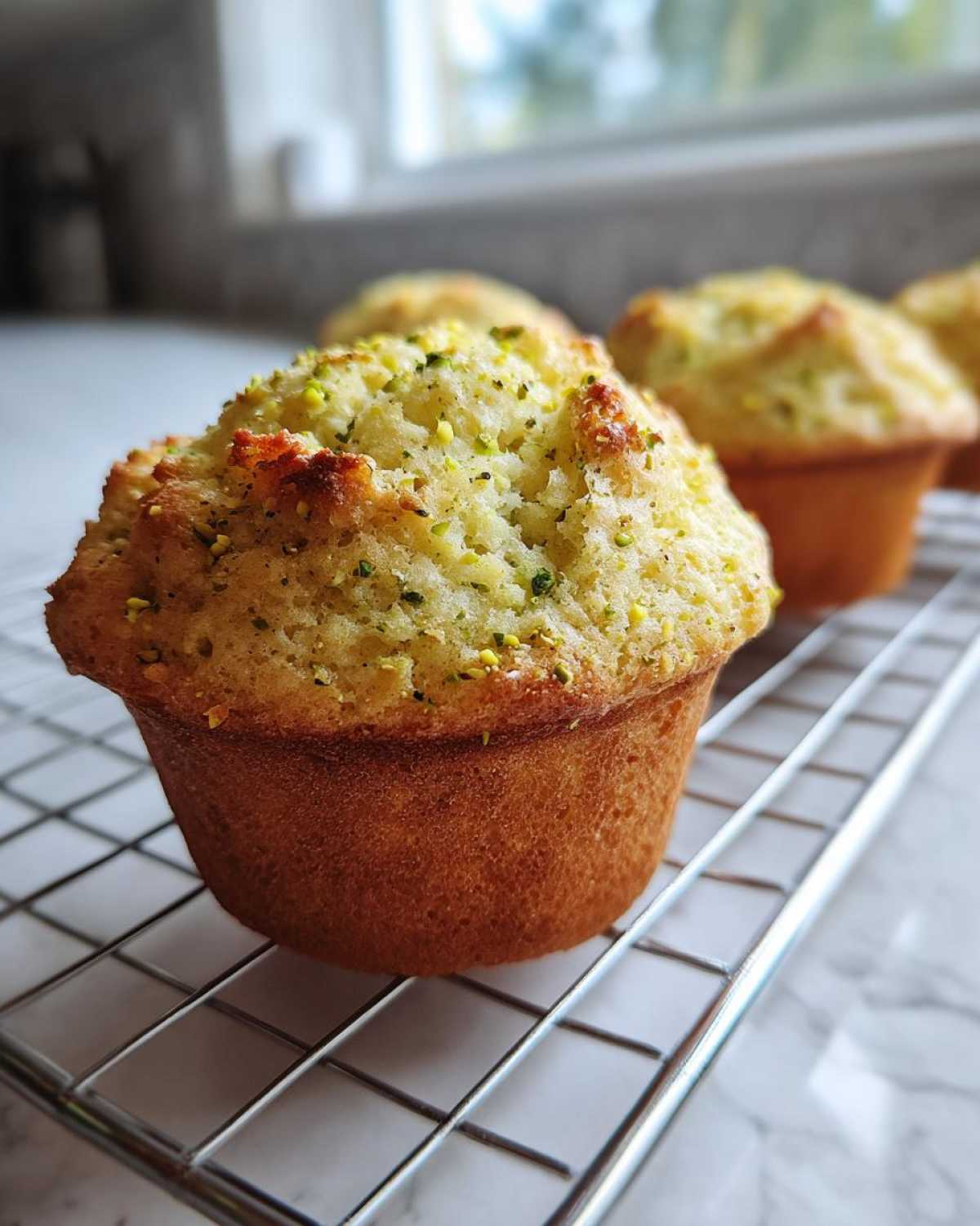 Close-up of a freshly baked, fluffy pistachio muffin topped with crushed nuts, cooling on a wire rack.