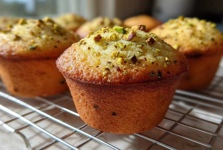 Close-up of freshly baked pistachio muffins with chopped nuts on top, cooling on a wire rack.