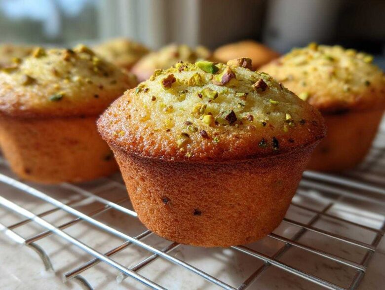 Close-up of freshly baked pistachio muffins with chopped nuts on top, cooling on a wire rack.