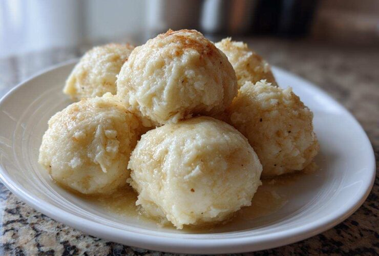 A close-up of several fluffy potato dumplings served on a white plate, glistening with melted butter.