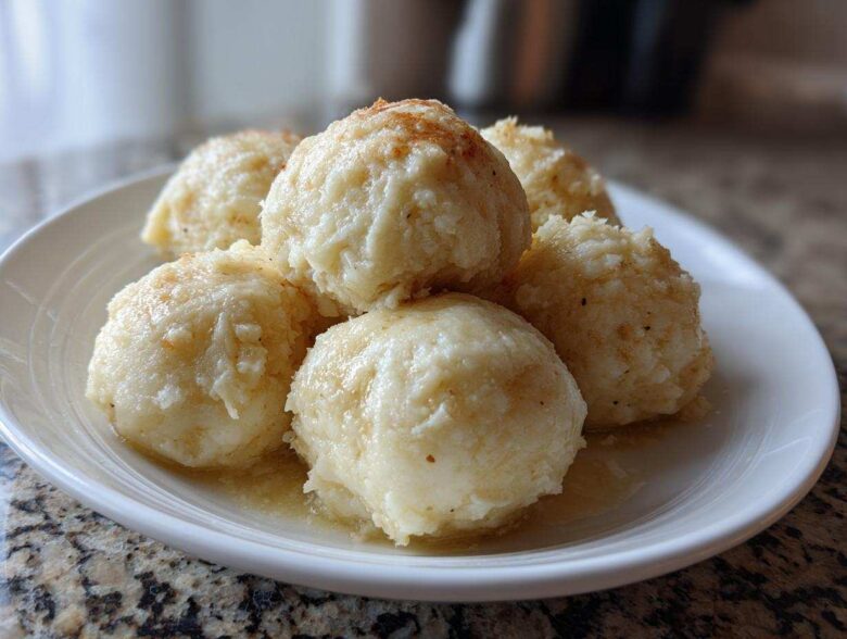 A close-up of several fluffy potato dumplings served on a white plate, glistening with melted butter.