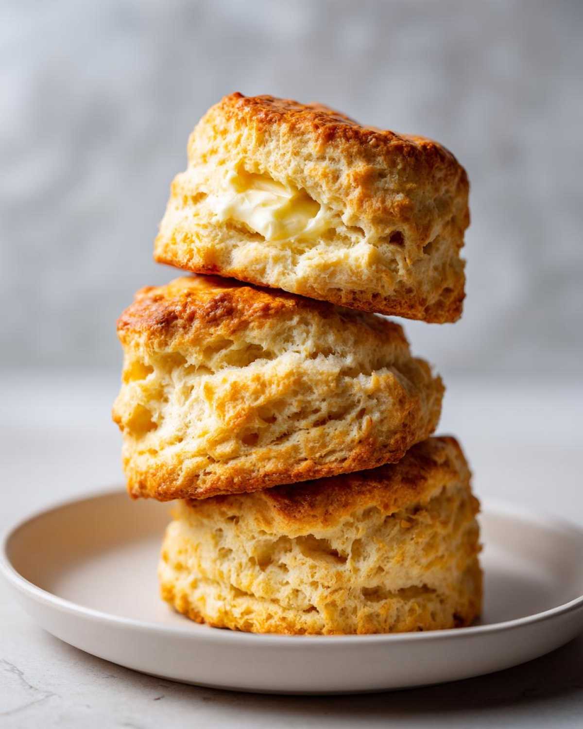 A stack of three tall, golden-brown, fluffy scones, with the top one split open and filled with melting butter.