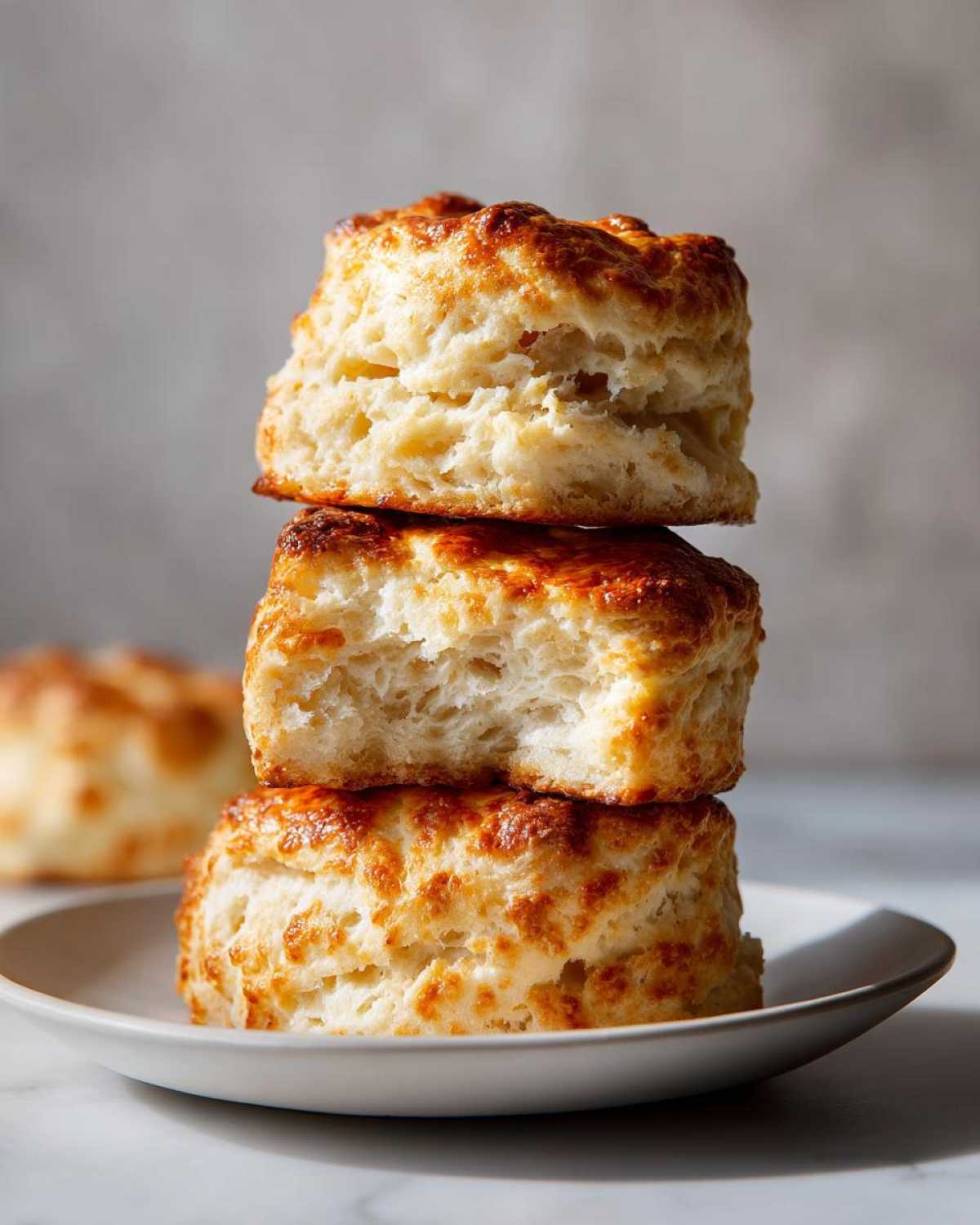 Close-up of three tall, fluffy scones stacked on a small white plate, showing their flaky interior.