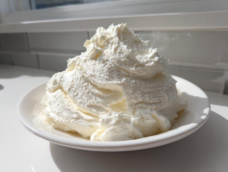 A large mound of fluffy, white vanilla buttercream frosting piled high on a small white plate.