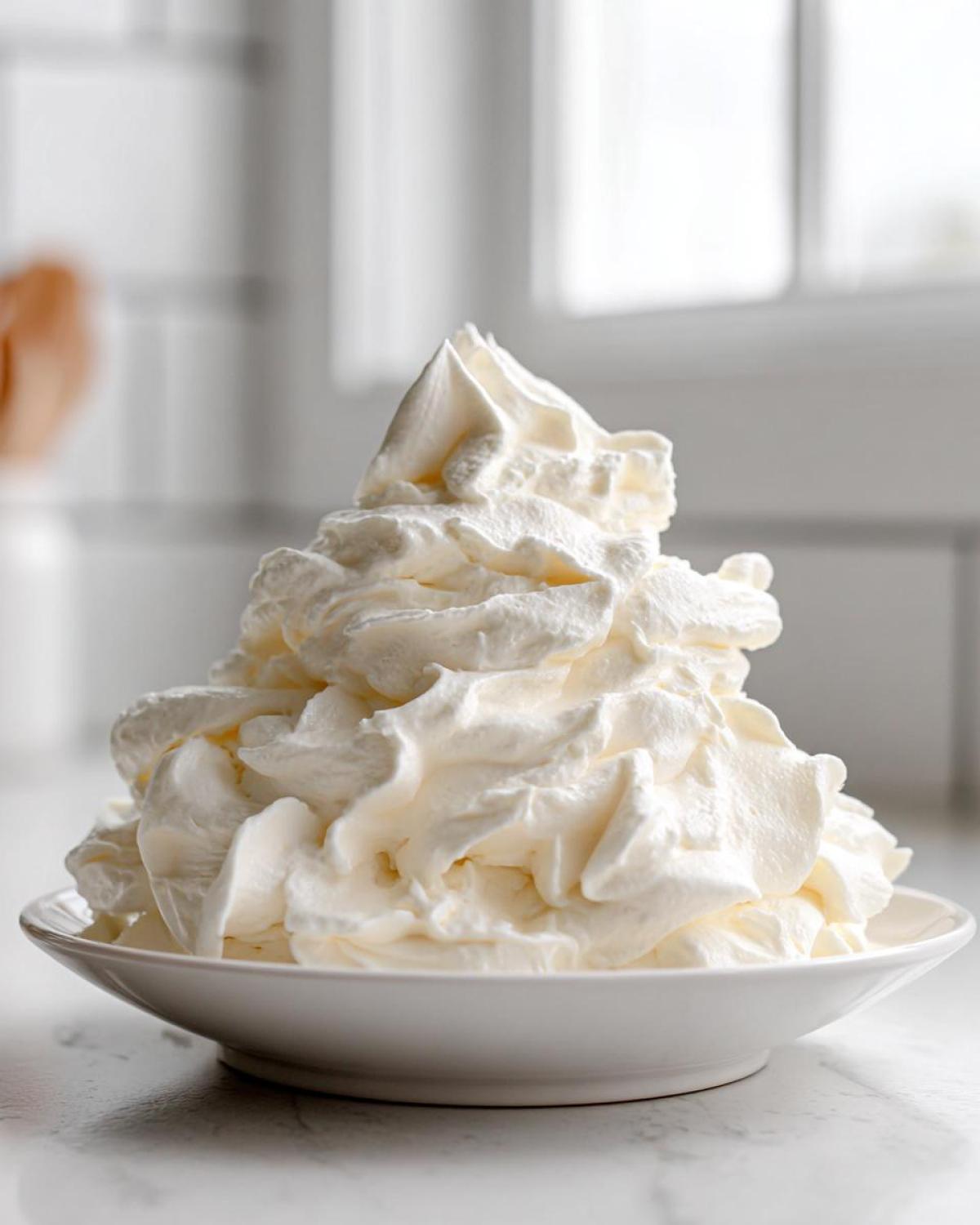 A large mound of fluffy, perfectly piped vanilla buttercream frosting in a white bowl.