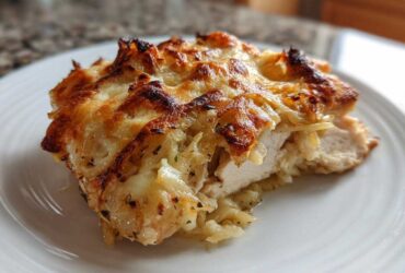 A close-up of a slice of french onion chicken showing tender white meat topped with caramelized onions and bubbly, browned cheese.