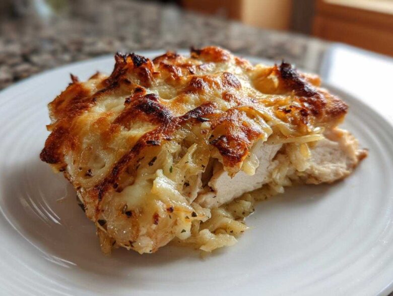 A close-up of a slice of french onion chicken showing tender white meat topped with caramelized onions and bubbly, browned cheese.