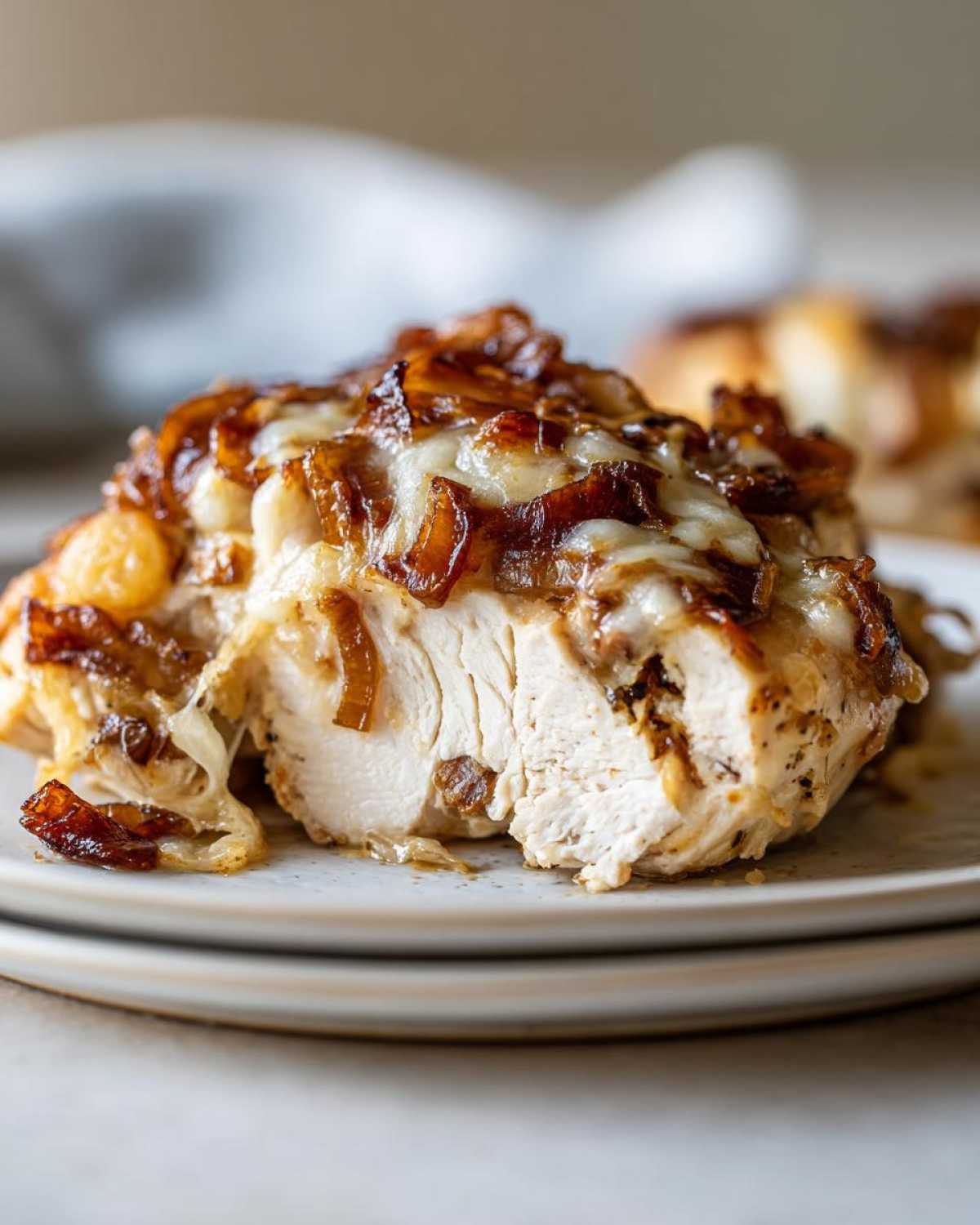 A close-up cross-section of juicy french onion chicken topped with melted cheese and caramelized onions.