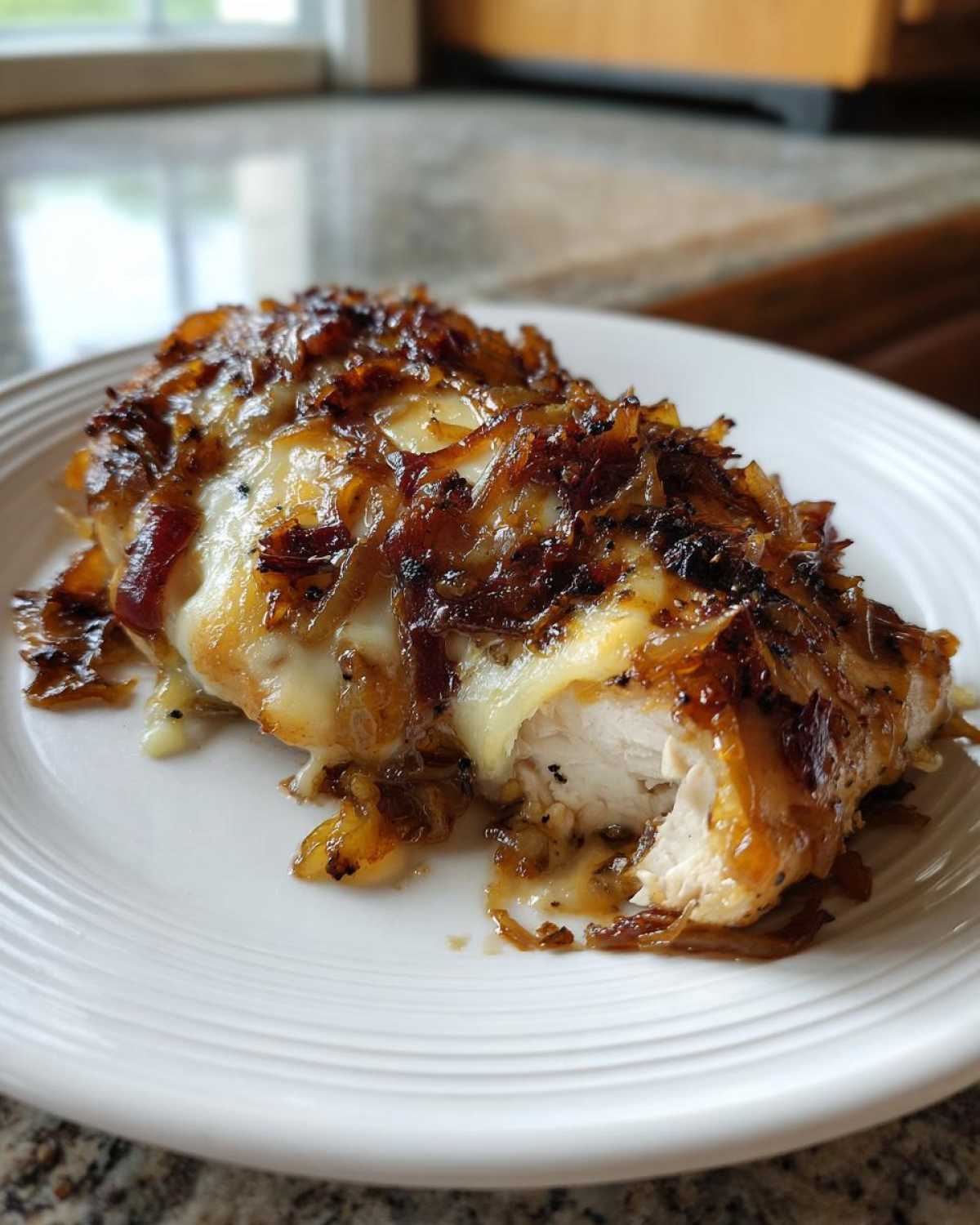 A close-up of french onion chicken breast topped with melted white cheese and caramelized onions.