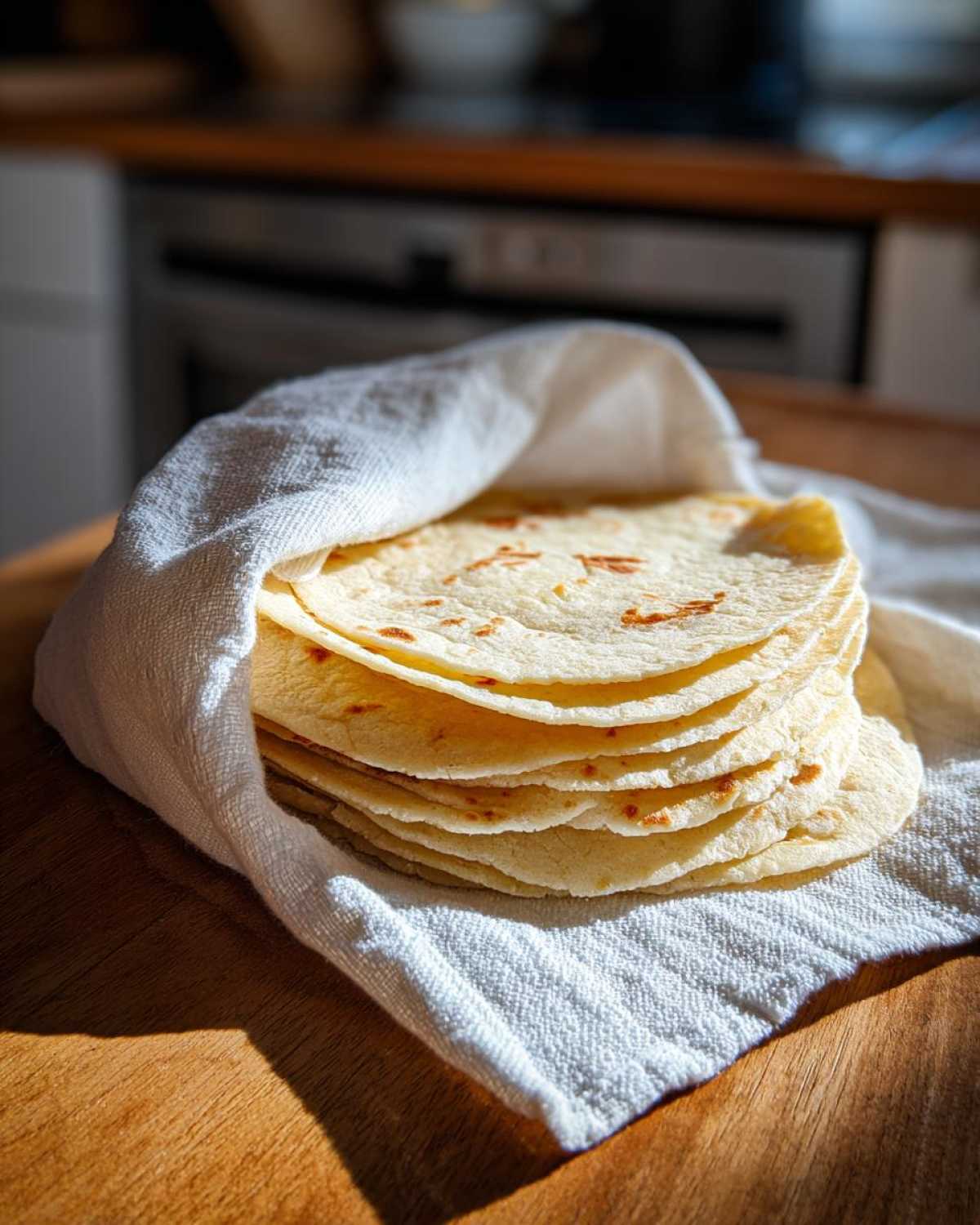 A stack of warm, freshly made corn tortillas wrapped partially in a white cloth on a wooden surface.