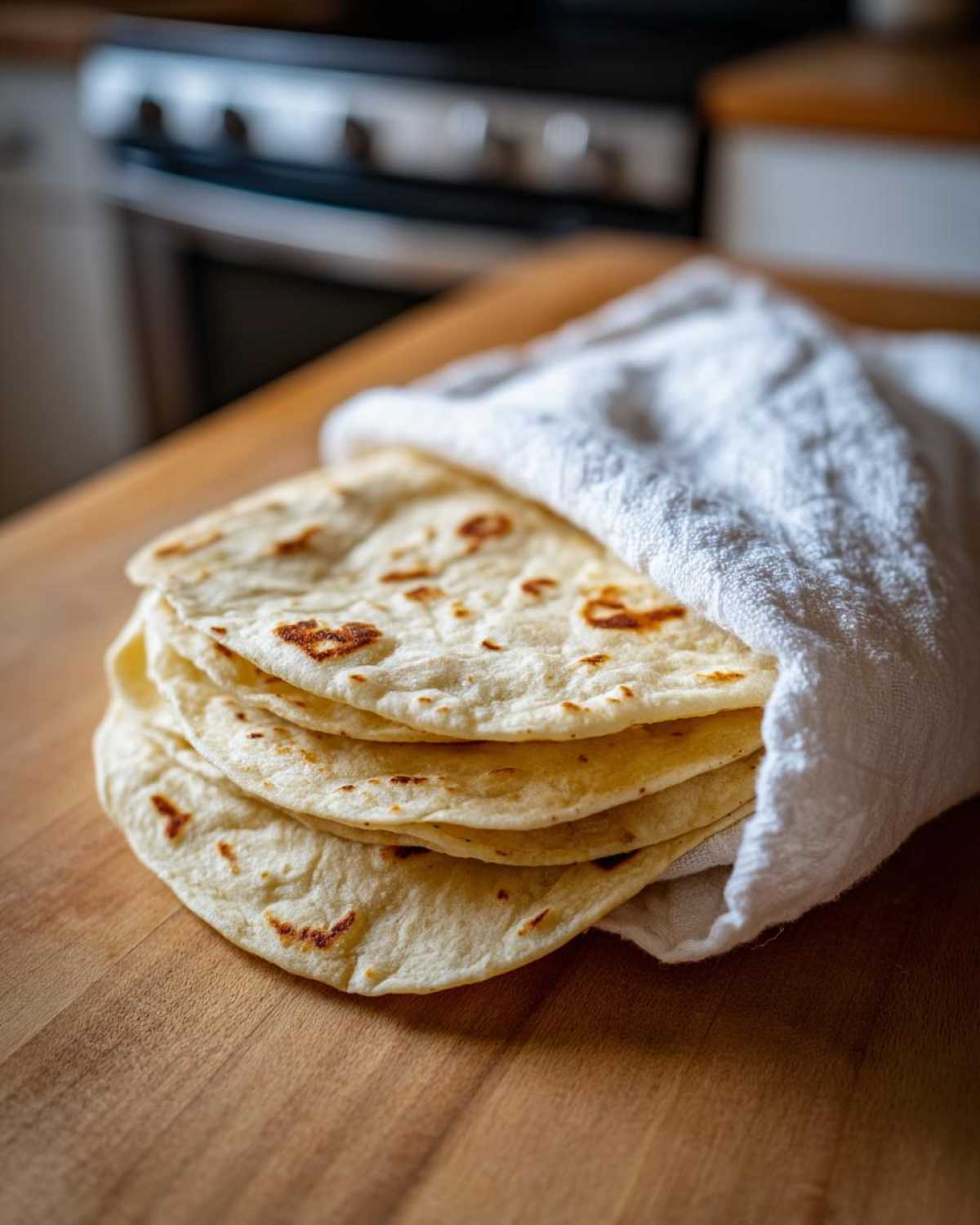 A stack of warm, freshly made corn tortillas wrapped partially in a white kitchen towel on a wooden cutting board.