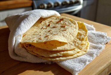 A stack of warm, freshly made corn tortillas wrapped in a white towel on a wooden surface.