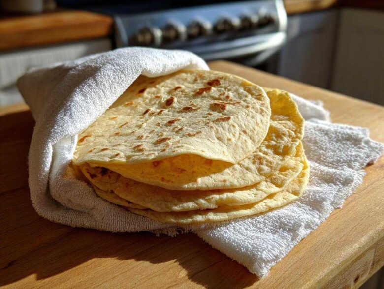 A stack of warm, freshly made corn tortillas wrapped in a white towel on a wooden surface.