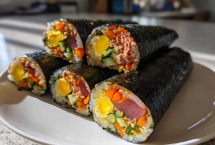 Close-up of several slices of homemade tuna kimbap featuring tuna, egg, carrots, and cucumber, beautifully arranged on a white plate.
