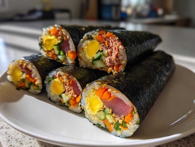 Close-up of several slices of homemade tuna kimbap featuring tuna, egg, carrots, and cucumber, beautifully arranged on a white plate.