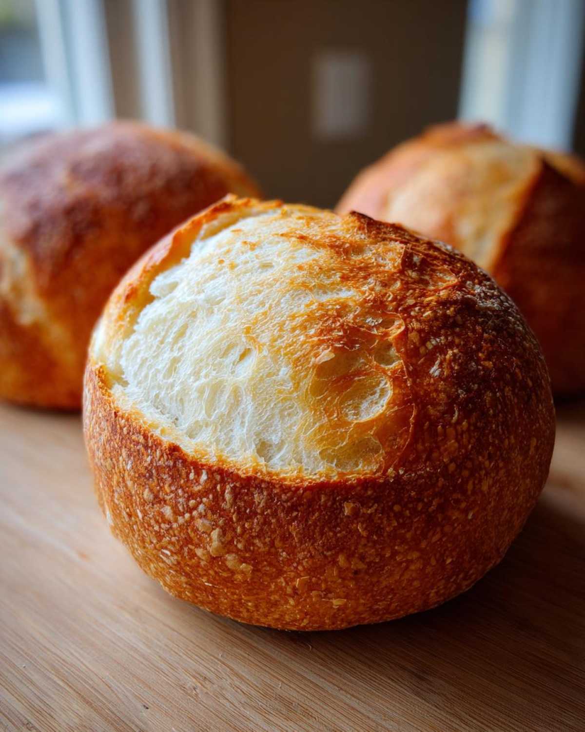 Close-up of a perfectly baked, round bread bowl with a golden crust and soft interior, ready to be filled.