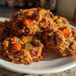 A close-up stack of golden brown fruitcake cookies loaded with colorful dried and candied fruit pieces.