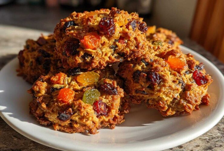 A close-up stack of golden brown fruitcake cookies loaded with colorful dried and candied fruit pieces.