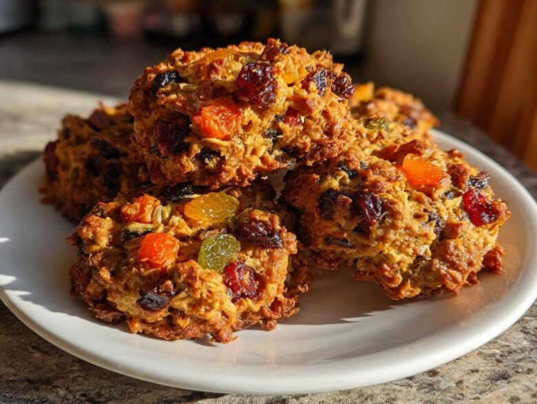 A close-up stack of golden brown fruitcake cookies loaded with colorful dried and candied fruit pieces.